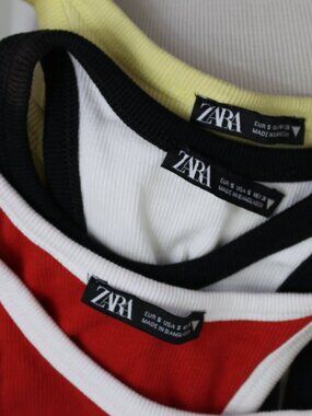 ZARA 3PC Ribbed Contrast Crop Tank Bundle S Red White Yellow Y2K Fitted Stretch